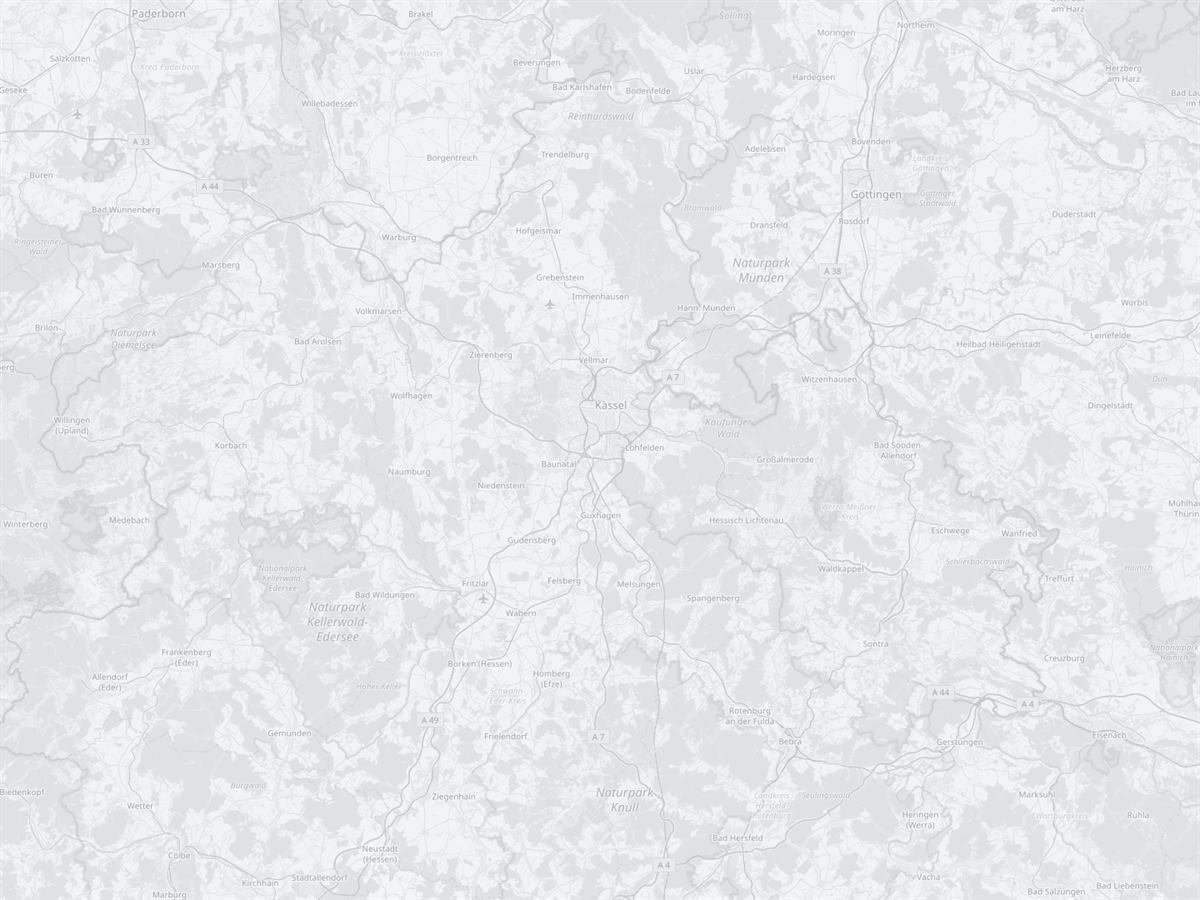 Karte des Einsatzgebiets von Merdic Construction rund um Kassel in Nordhessen mit Orten, in denen Referenzprojekte umgesetzt wurden